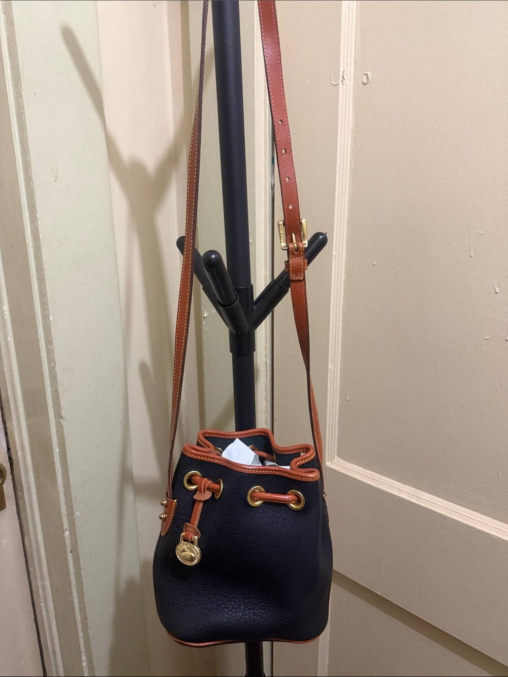 Dooney & Bourke Leather Drawstring Crossbody with Brown Trim - Picture 3 of 6